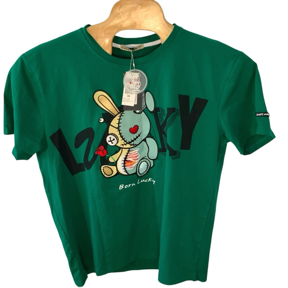 BKYS Lucky Charm T-Shirt Men's 2XL Exclusive Embroidered Green‎ Bunny Famous